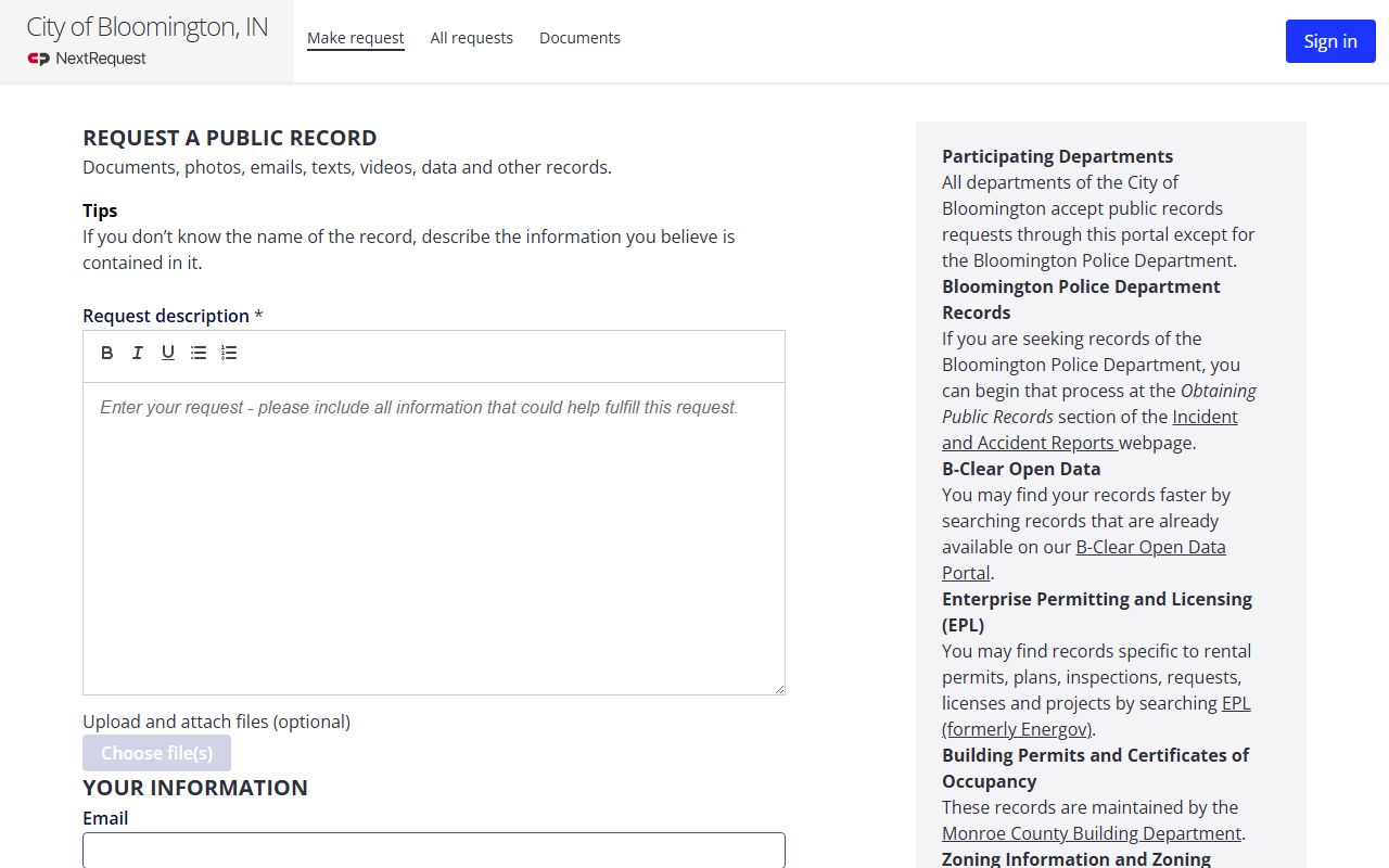 Bloomington white pages NextRequest records request portal