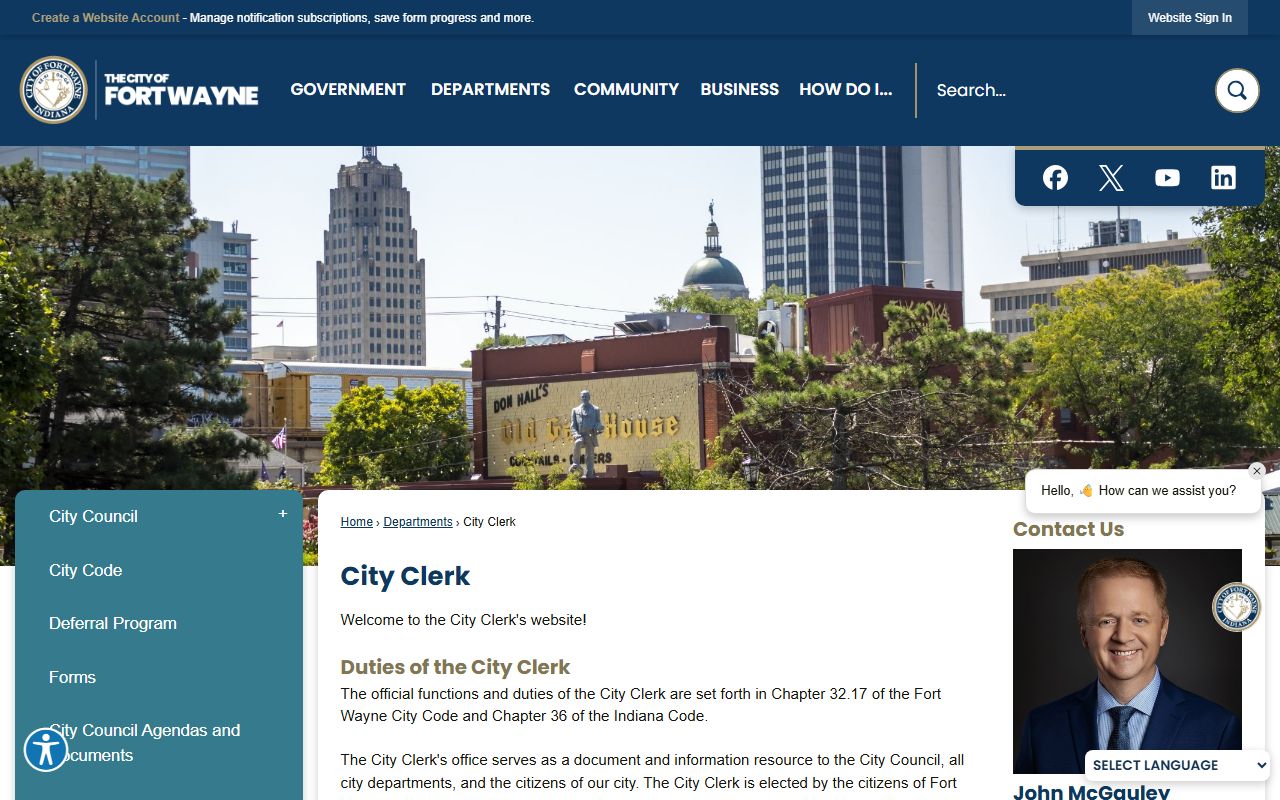 Fort Wayne white pages City Clerk office page