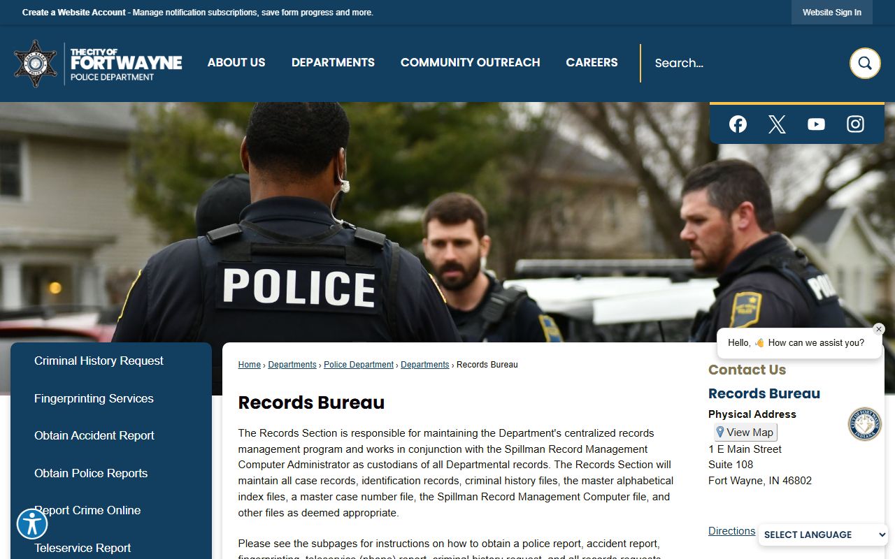 Fort Wayne white pages Police Records Bureau page