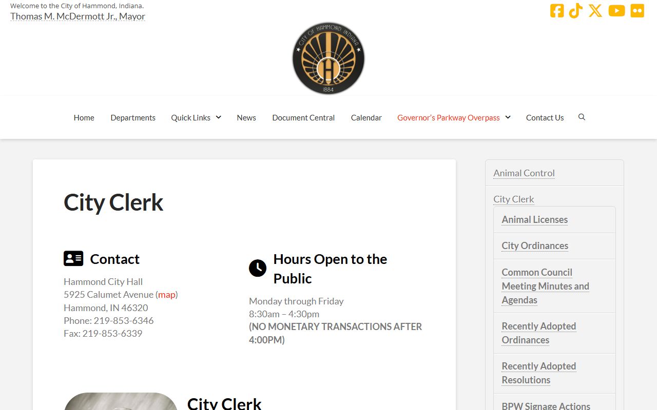 Hammond white pages City Clerk department page