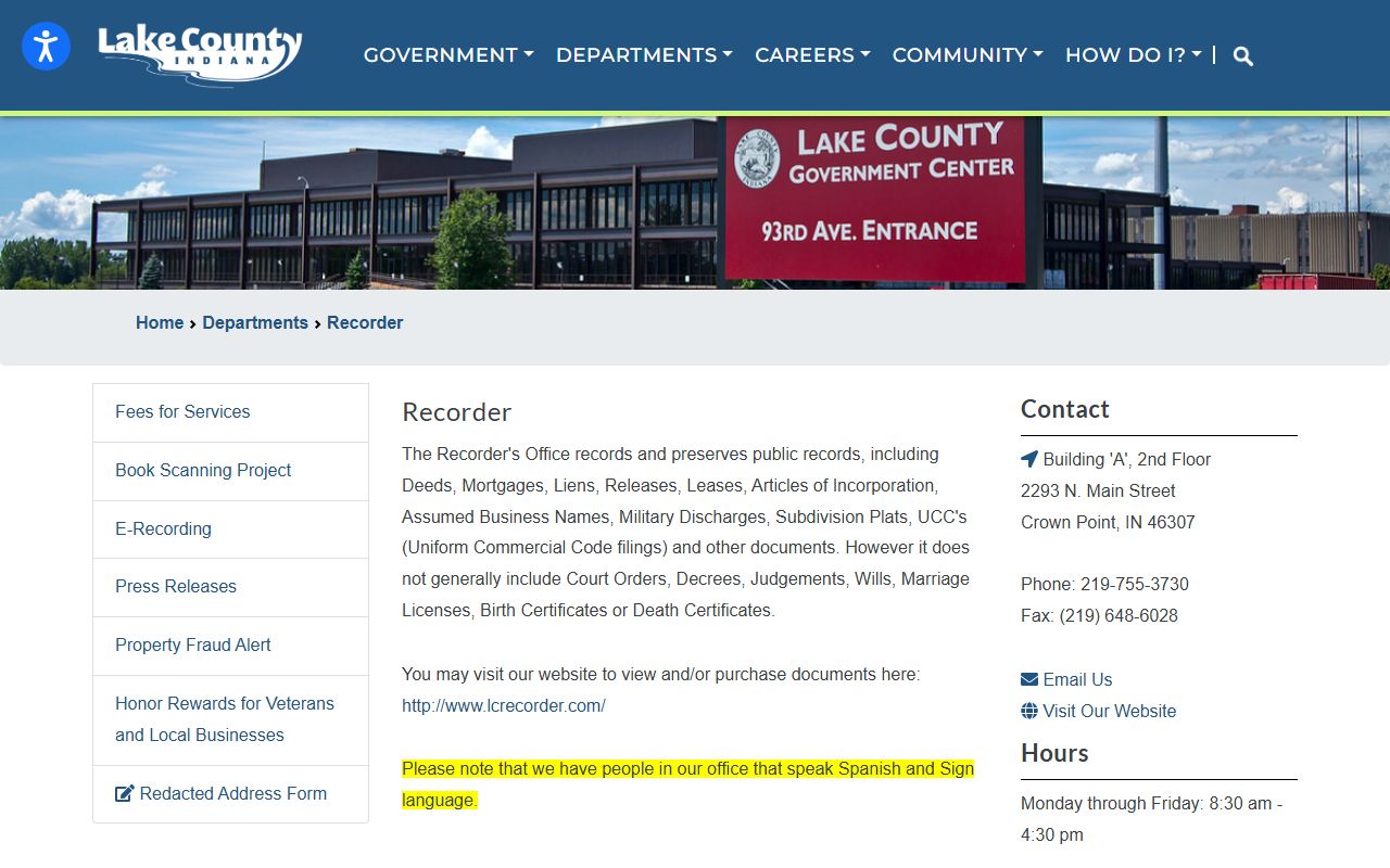 Lake County white pages recorder office page