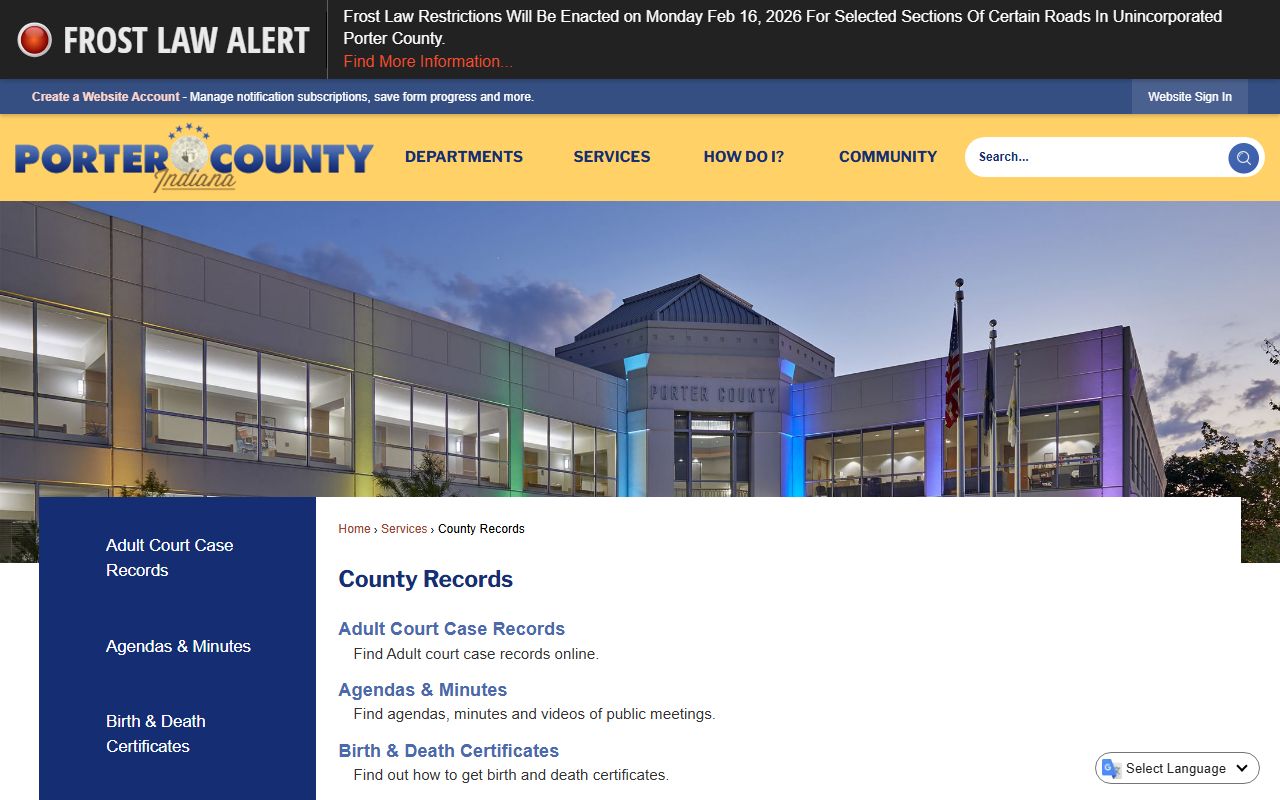 Porter County white pages county records page