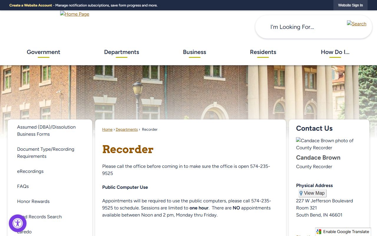 St. Joseph County white pages recorder office page