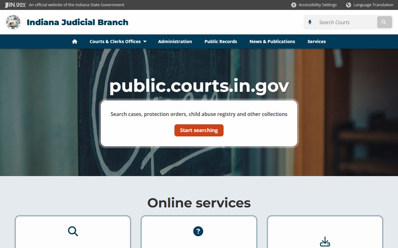 Indiana white pages judicial public records access page