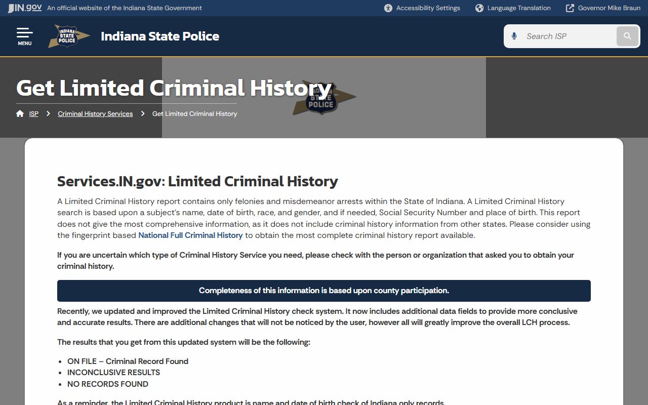 Indiana white pages ISP criminal history search service