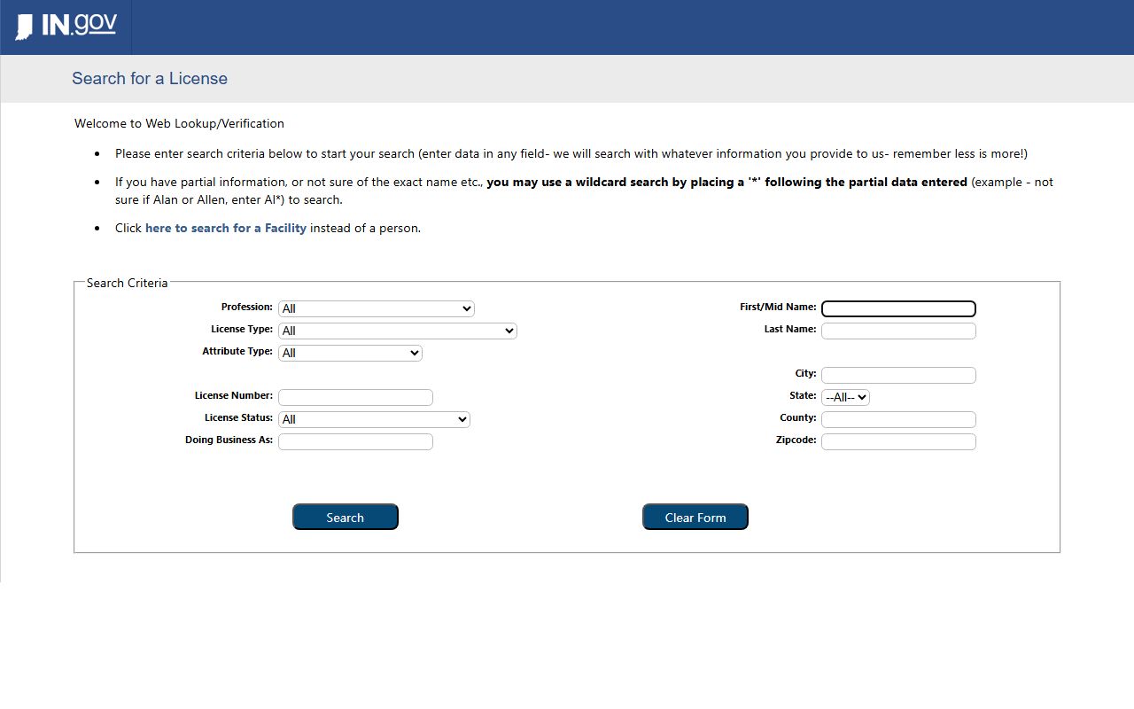 Indiana white pages professional license verification search