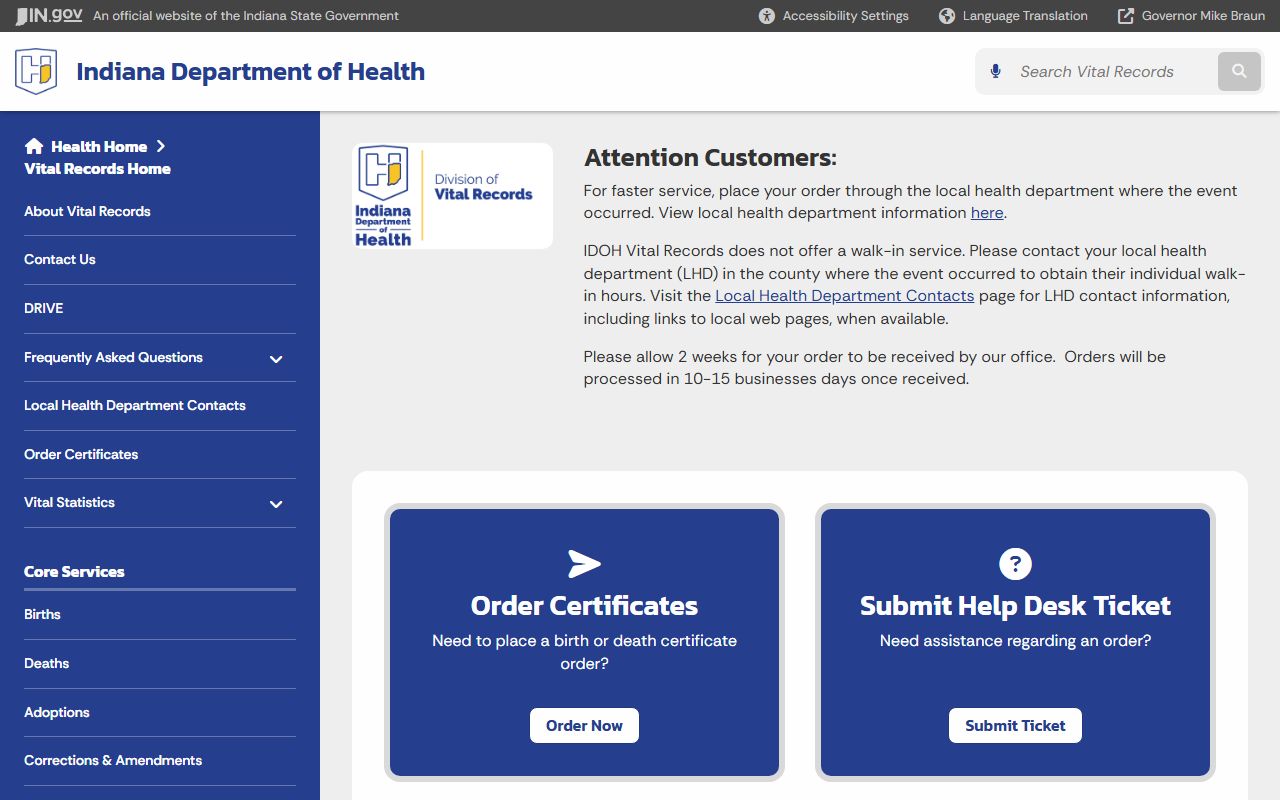 Indiana white pages vital records portal for birth and death records